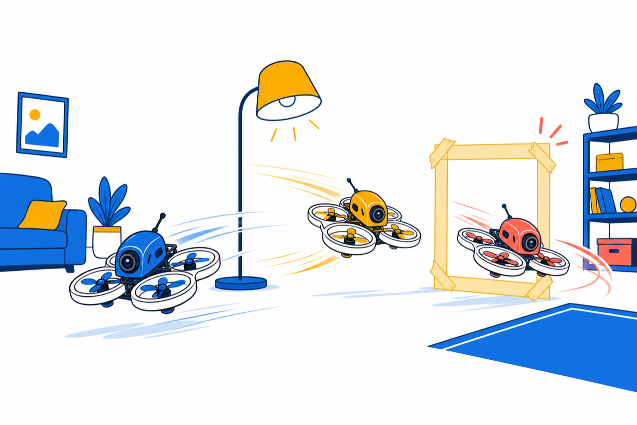 Cartoon tiny whoops racing through a living room gate
